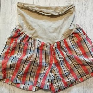 Indigo Rein Coral Cream Maternity Plaid Shorts